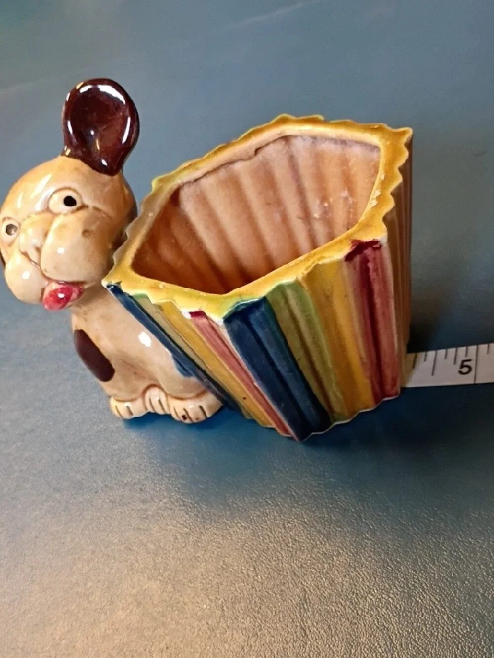 Yellow Ceramic Dog Treat Holder with Multicolor Striped Dish